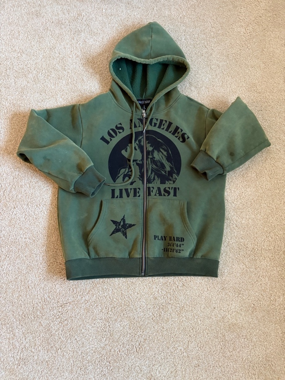 Olive Green Zip-Up Graphic Oversized Hoodie  - Los Angeles Live Fast